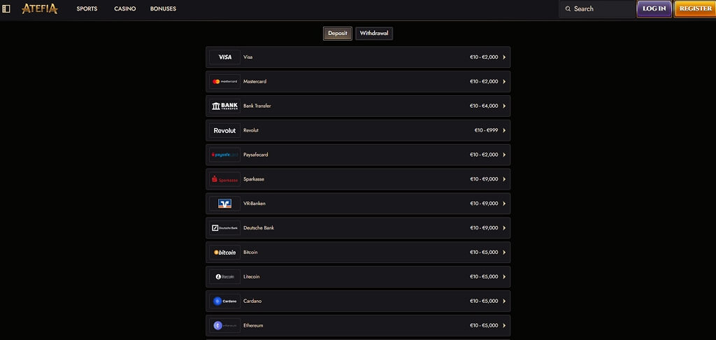 Atefia Casino Payment Methods