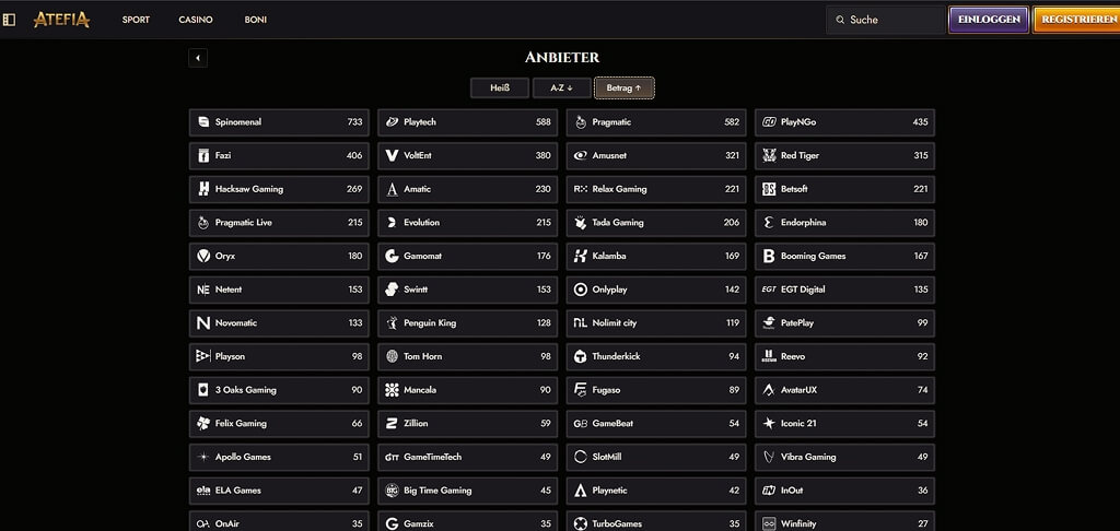 Atefia Casino spillleverandører
