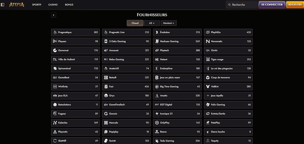 Fournisseurs de jeux du casino Atefia