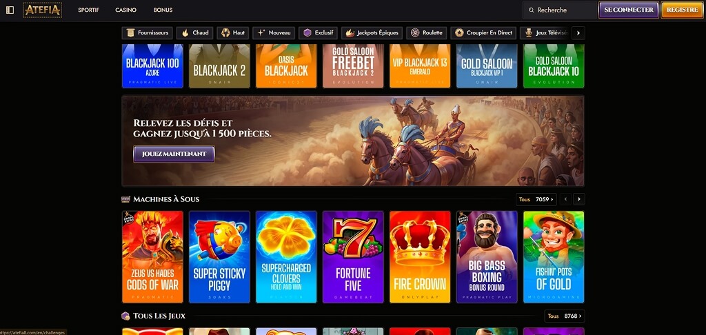 Interface du casino Atefia