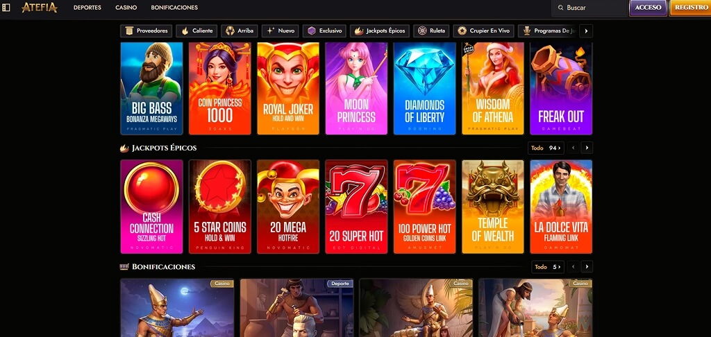 Interfaz del casino Atefia