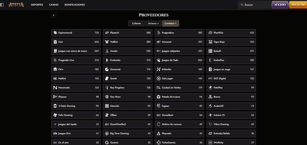 Proveedores de juegos de Atefia Casino