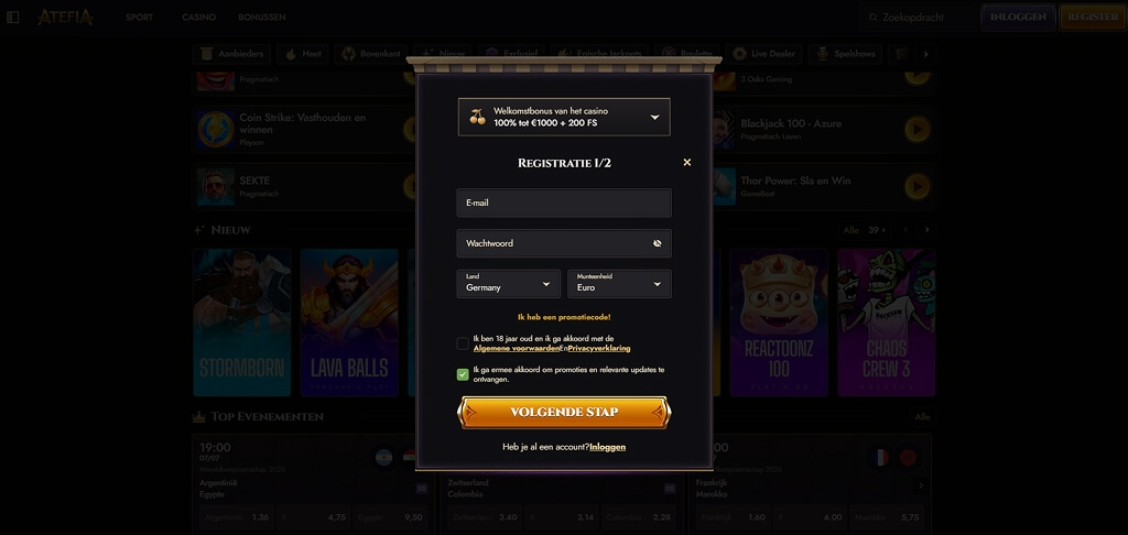 Registratie bij het casino Atefia Casino