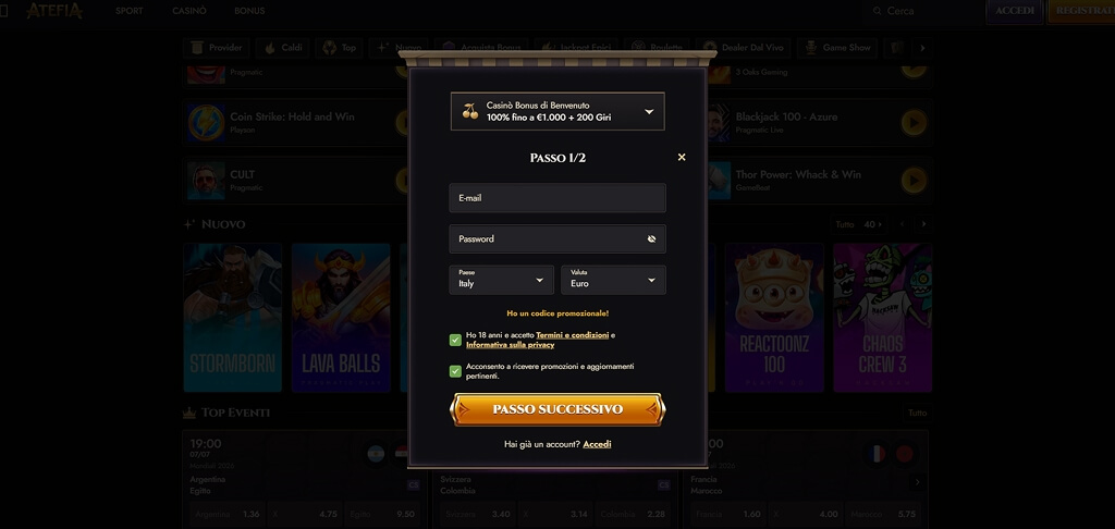 Registrazione al Casinò Atefia