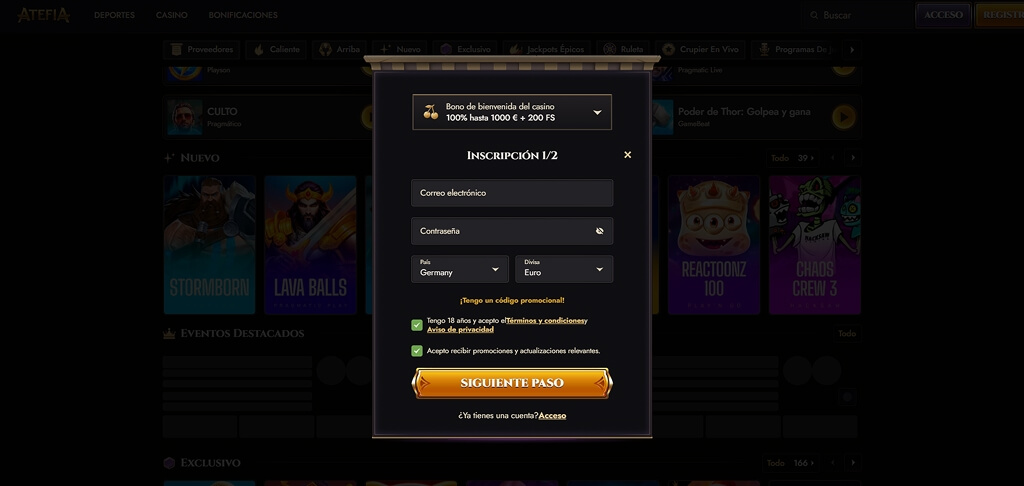 Registro en Atefia Casino